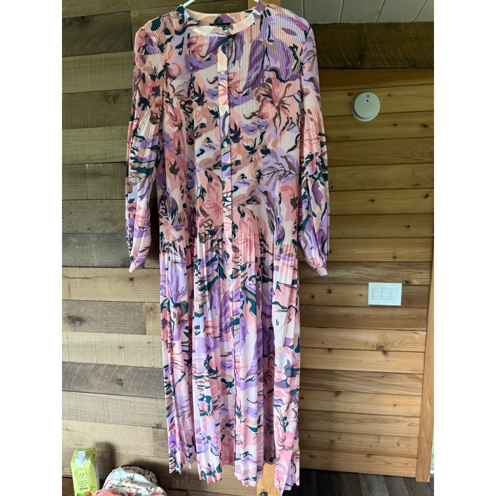 Misook Floral Pleated Maxi Dress Pink Purple Abstract Button Front Long Sleeve S